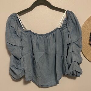 Elegant Denim Blue Ruffle Blouse